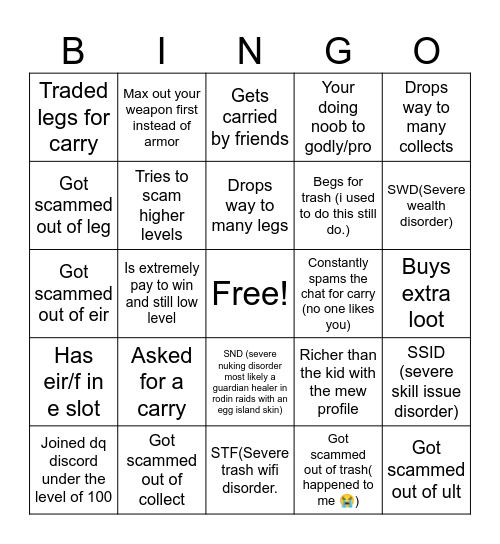 Low level player bingo (below 195) Bingo Card