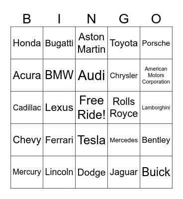 Cars Bingo Card