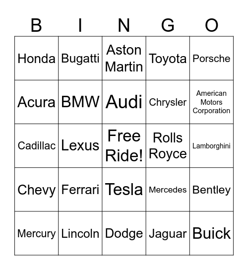 Cars Bingo Card