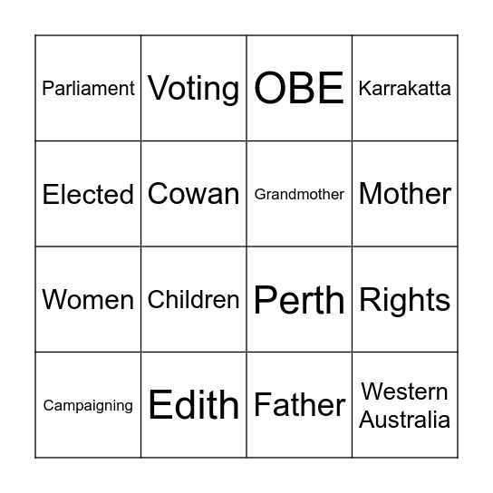 Edith Cowan Bingo Card