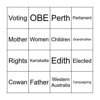 Edith Cowan Bingo Card