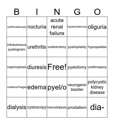 Urinary System Bingo Card