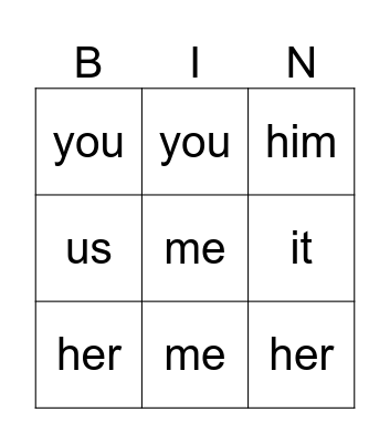 Object Pronoun Bingo Card