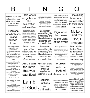 1st Holy Communion Bingo Card