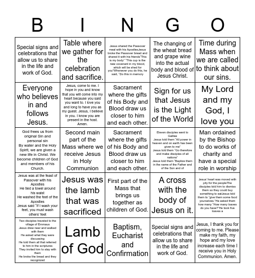 1st Holy Communion Bingo Card