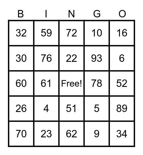 Multiplication Bingo Card