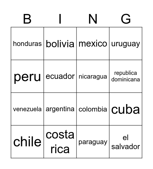 Los Países de Sur y Centro America Bingo Card