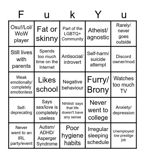 Absolute FUCKING Loser Bingo Card