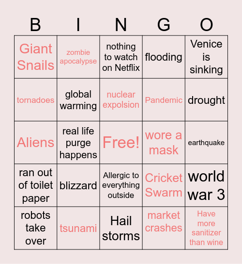 End of the world Bingo Card