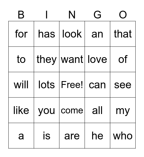 1st Grade Power Words Bingo Card