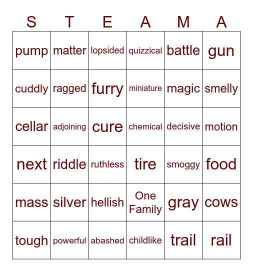 STEAMA Celebration Bingo Card