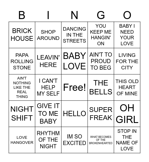 Motown Top 100 Bingo Card