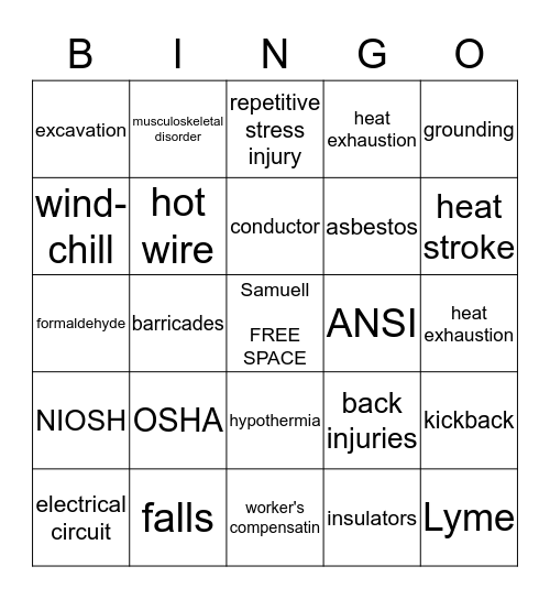 Construction Safety and Health Bingo Card