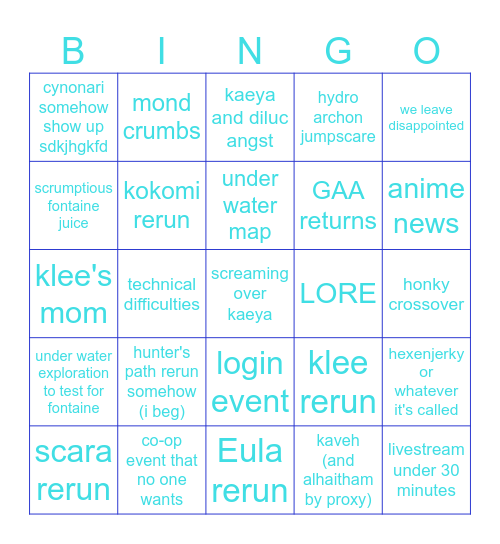 Genshin Goober 3.8 Bingo Card