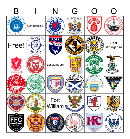 Scottish Football Clubs Bingo Card