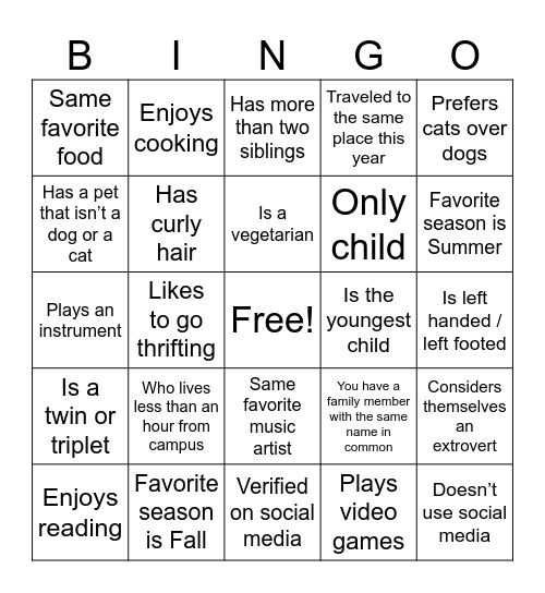 Connection Bingo Card