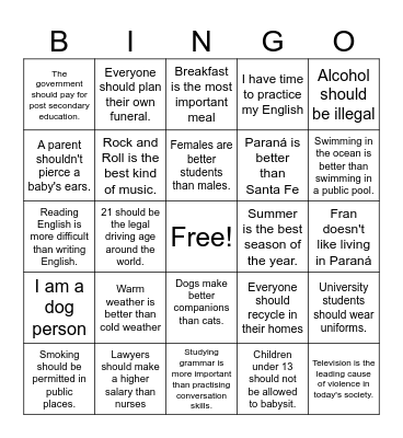 AGREE/DISAGREE BINGO Card