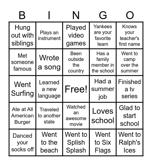 First Day of School Bingo Card