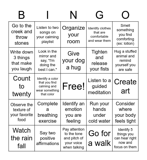 Mindfulness Bingo Card