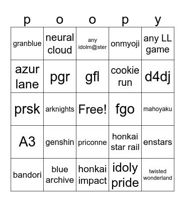 gacha games Bingo Card