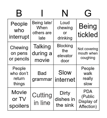 PET PEEVE Bingo Card