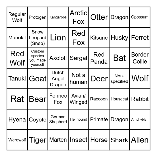 Furry OC Bingo Card