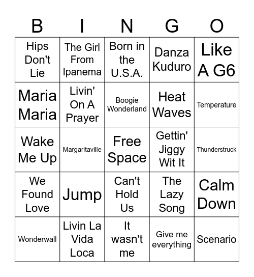 80's-2020's song bingo Card