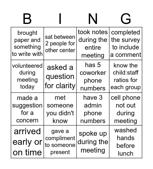 Outstanding Staff BINGO Card