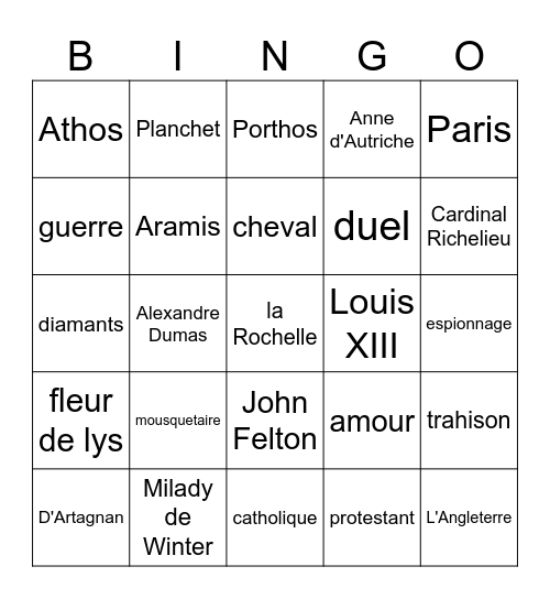 Les Trois Mousquetaires Bingo Card