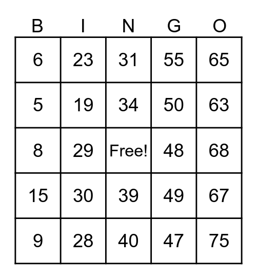 Kinder Ring Bingo Card