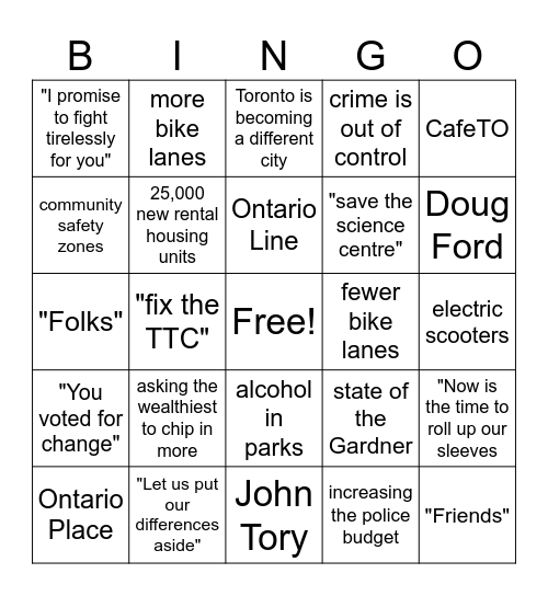 Toronto Mayoral Byelection Bingo Card