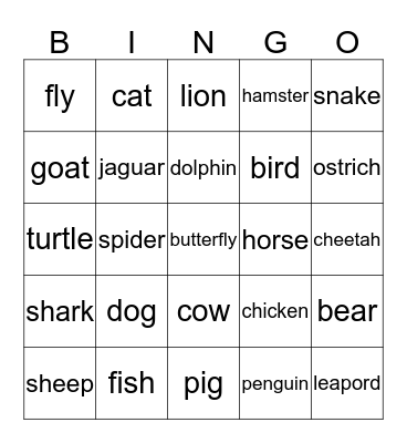 ANIMALS Bingo Card