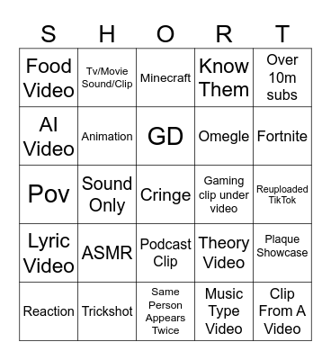 Youtube Shorts Bingo Card