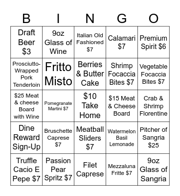 Bar Happy Hour 4pm - 7pm Bingo Card