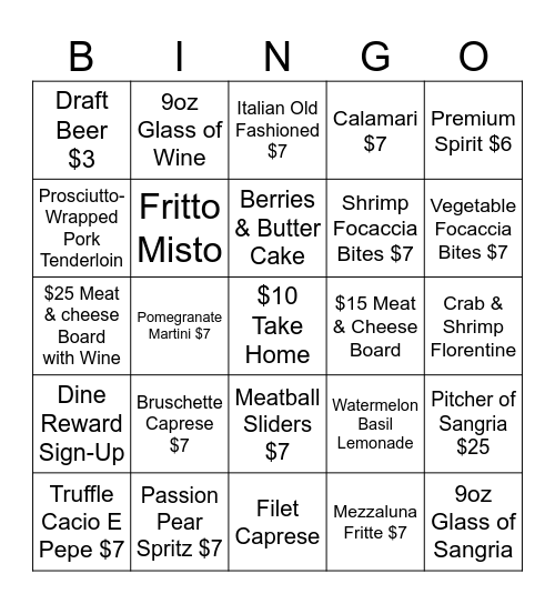 Bar Happy Hour 4pm - 7pm Bingo Card