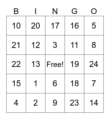 Number Bingo Card