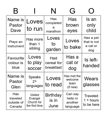 Evangel Church BINGO Card