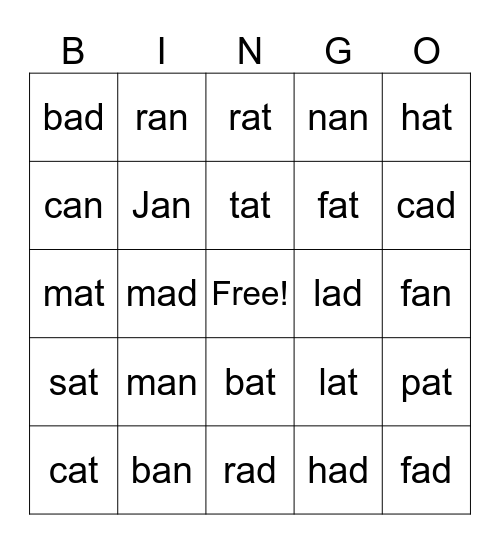 Short a CVC Bingo Card