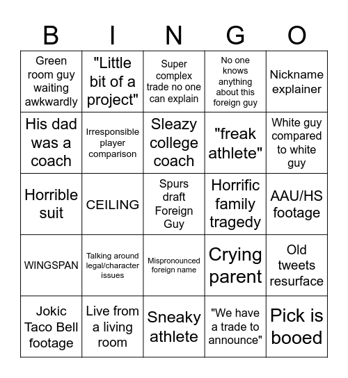 NBA Draft Bingo Card