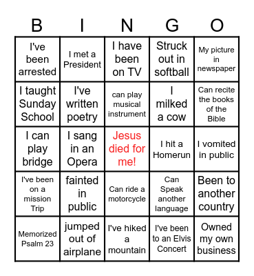 Life Experience Bingo Card