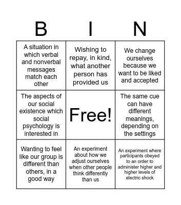 Social Psychology Bingo Card