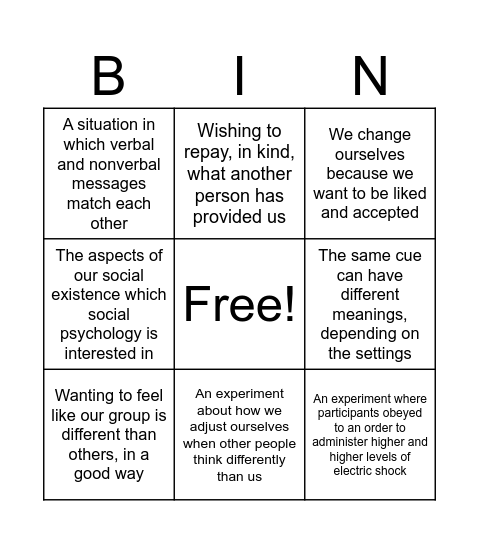 Social Psychology Bingo Card