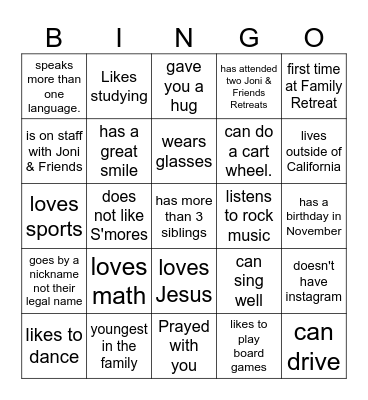 Nevada Family Retreat Bingo Card