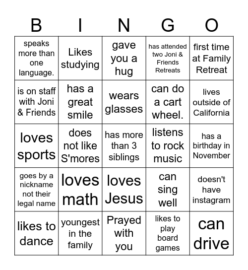 Nevada Family Retreat Bingo Card