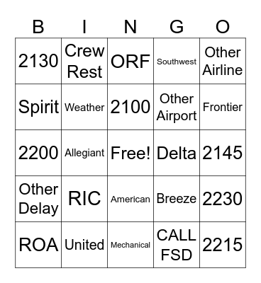 Late Flight Bingo Card
