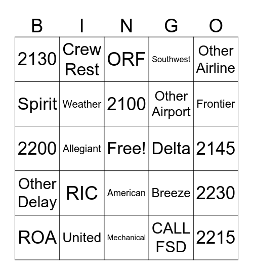 Late Flight Bingo Card