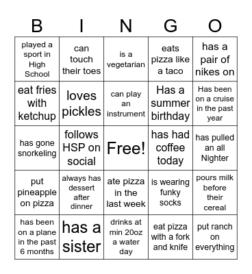 Getting to know HSP part 2 Bingo Card