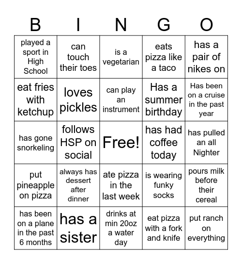 Getting to know HSP part 2 Bingo Card