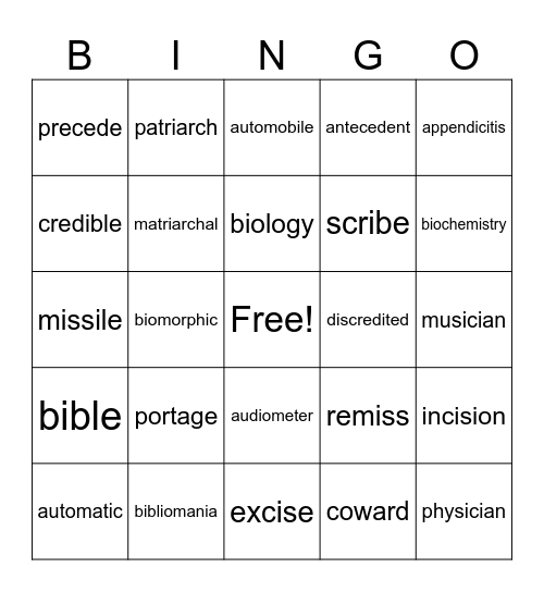 Word Within the Word #2 Bingo Card