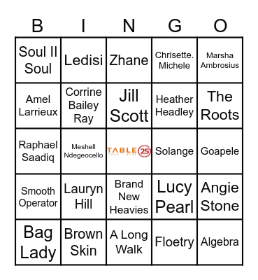 NEO SOUL  ARTIST / SONGS Bingo Card